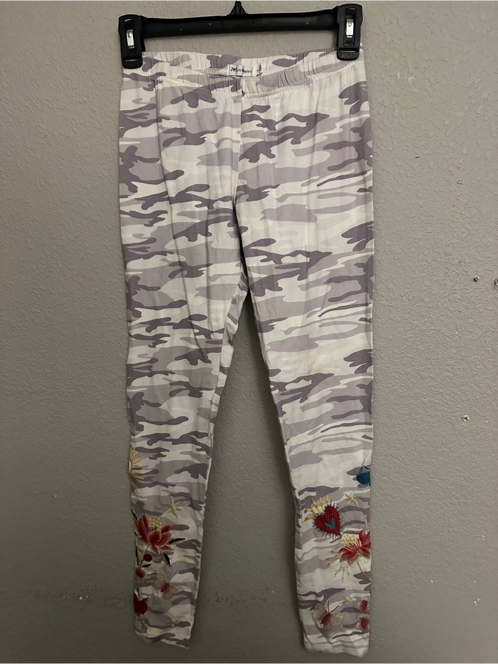 Johnny Was Gray Camo Leggings with Colorful Floral & Heart Embroidery